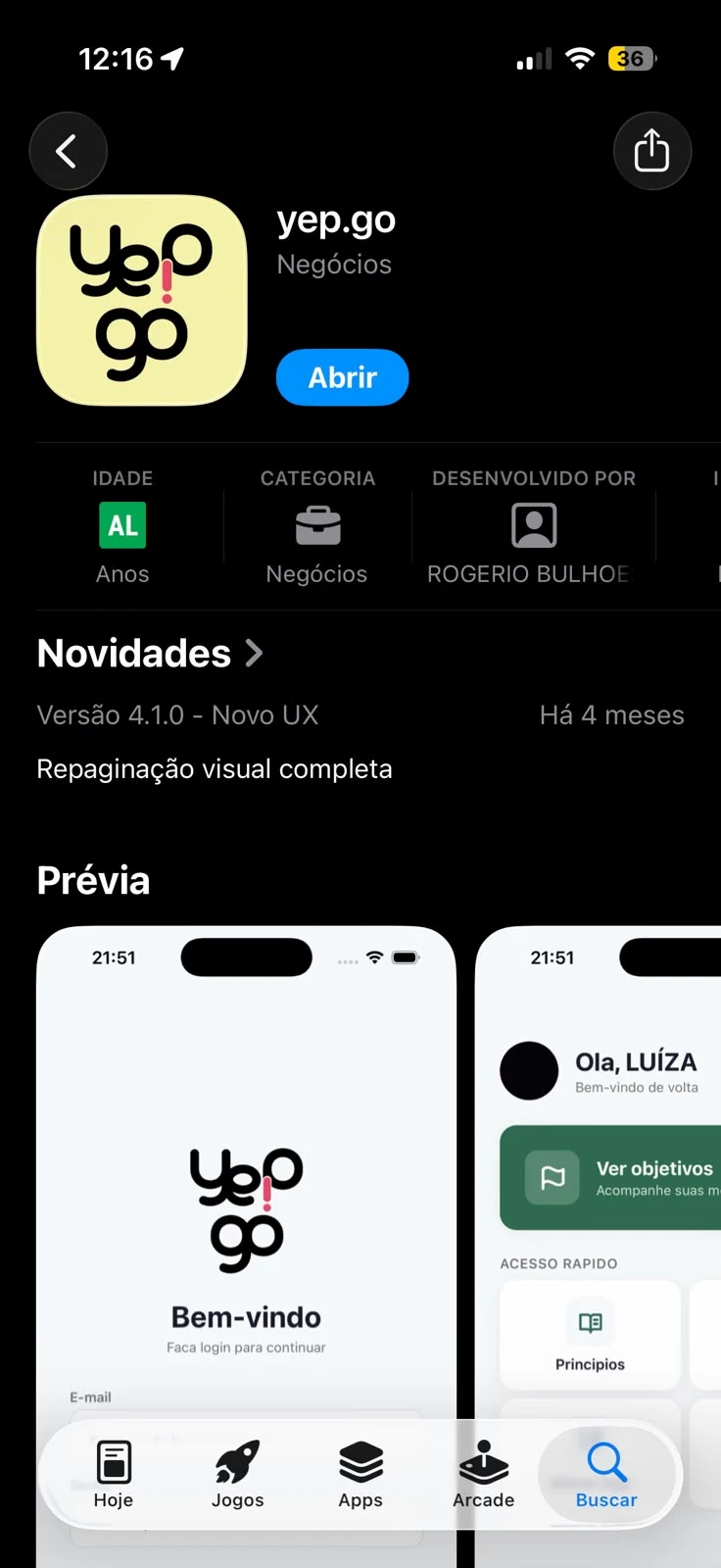 Página do aplicativo yep.go na App Store, com ícone e prévias do aplicativo.