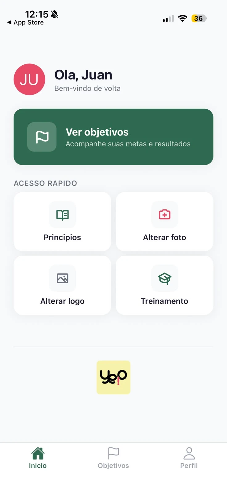 Tela inicial do yep.go com acesso aos objetivos, princípios e treinamento.