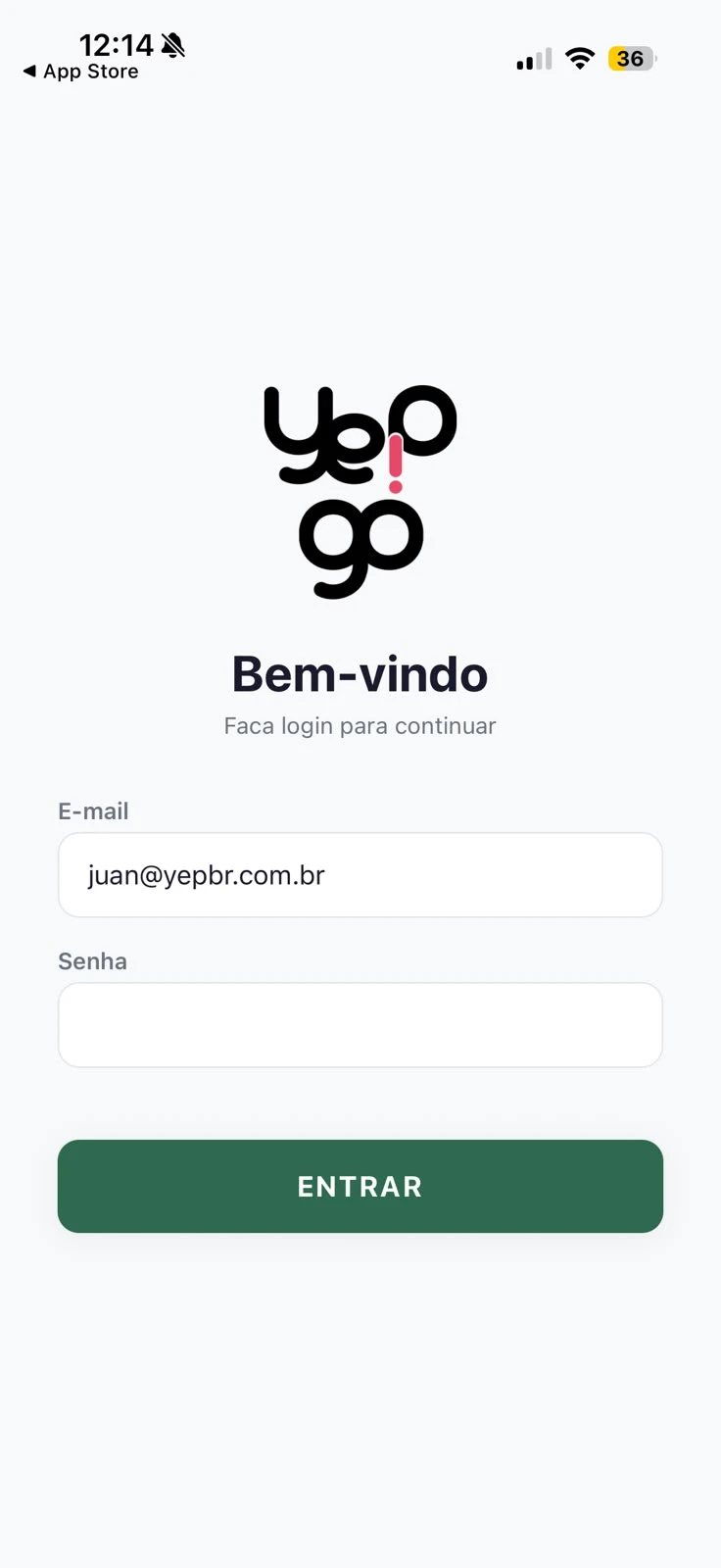 Tela de login do yep.go com campos de e-mail e senha.