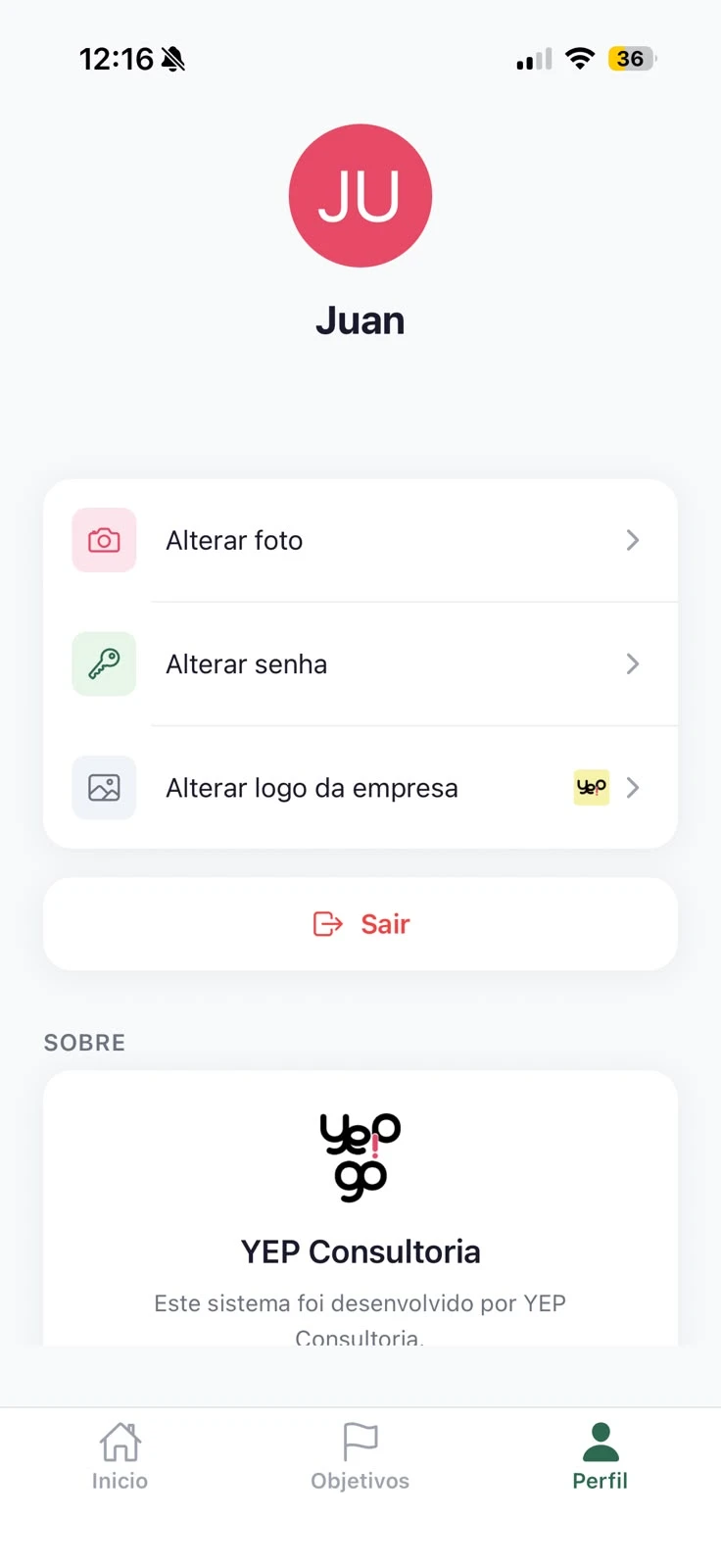 Perfil do usuário com opções para alterar foto, senha e logo da empresa.